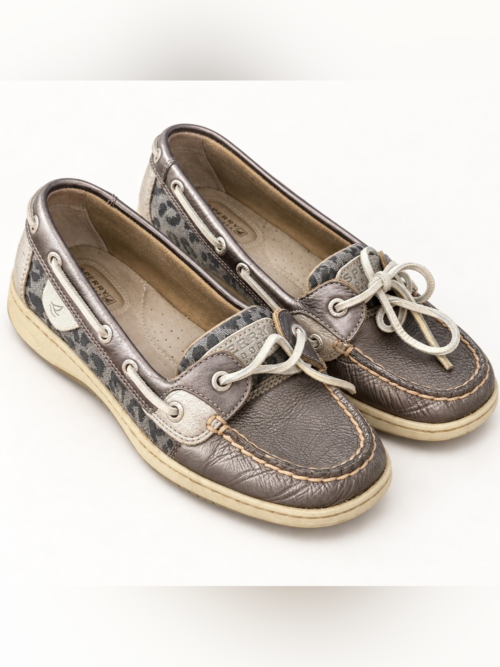 Sperry Top-Sider Women’s 7.5 Metallic Pewter Leopard Print Leather Boat Shoes